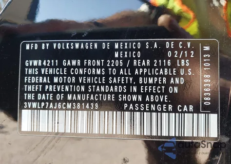 2012 Volkswagen Jetta 2.5L Sel Premium z USA, uszkodzony, nr VIN 3VWLP7AJ6CM381439